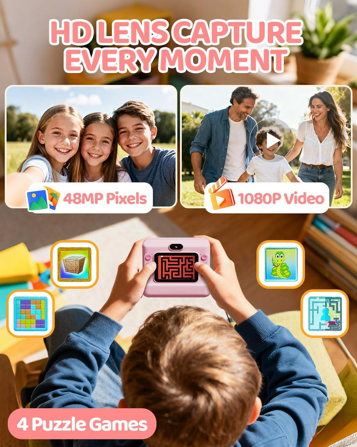 CalineGam Kinderkamera Sofortbildkamera, 1080P HD Sofortbildkamera Kinder mit 32 GB Karte und 3 Papi