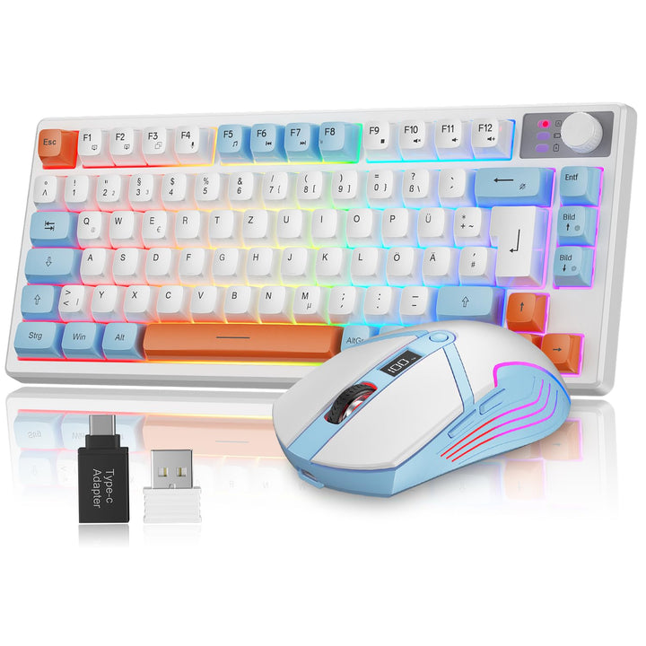 75% Tastatur und Maus Set Kabelloses, QWERTZ DE Layout Kompakte Gaming Tastatur mit Lautstärkeregler