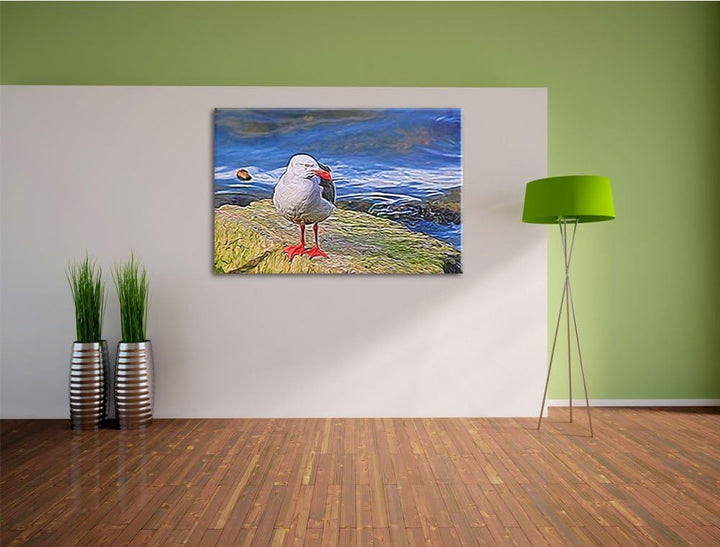 kleine Möwe auf Felsbrocken Deluxe Format: 100x70 cm auf Leinwand, XXL riesige Bilder fertig gerahmt