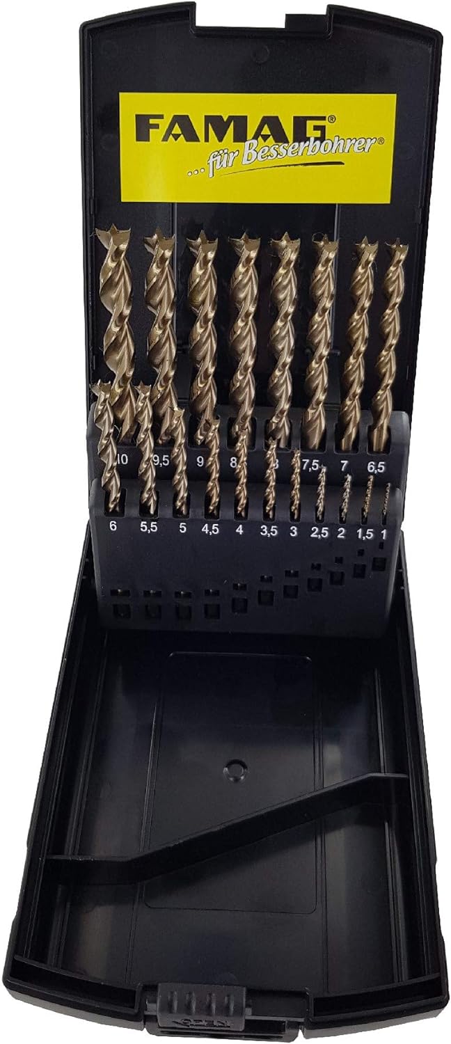 FAMAG Holzspiralbohrersatz 19-teilig D=1-10mm (steigend um 0,5mm) in Rose-Box Satz 19tlg. D=1-10mm,