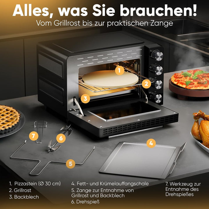 ProfiCook Minibackofen 30L | Umluft + Ober-/Unterhitze | Mini Backofen mit Drehspiess und Pizzastein
