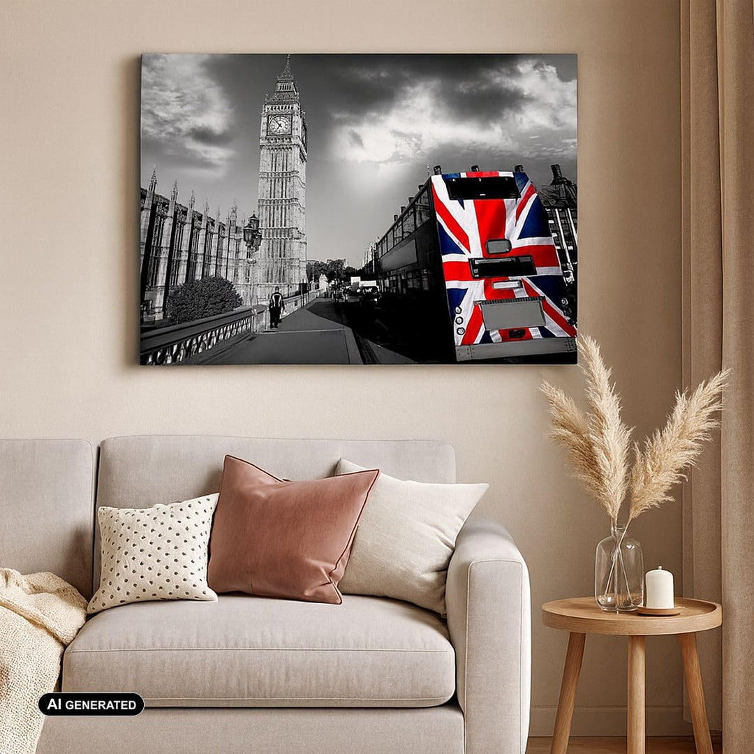 Bilder auf Leinwand 100x70cm Leinwandbild Bus London Big Ben Gebäude Gross Wanddeko Bild Schlafzimme