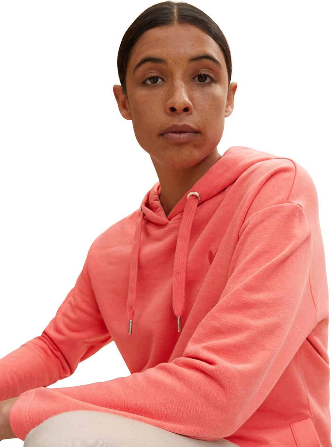 TOM TAILOR Damen Hoodie Sweatshirt mit Herz-Stickerei 38 12230 - Smooth Papaya Red, 38 12230 - Smoot