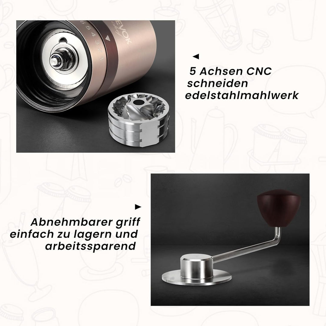 Vevok Chef Manuelle Kaffeemühle mit 6 Externen Einstellbaren Grobheit für Espresso bis French Press,