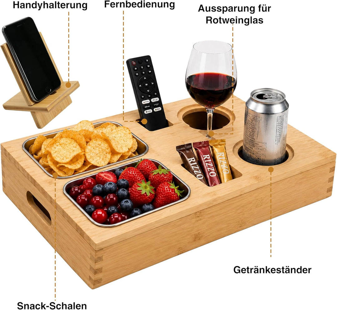 Zedelmaier Couchbar Snackbox aus Bambus, Couch Bar Snackbar mit 2 Snackschalen, 2 Getränkehalter mit