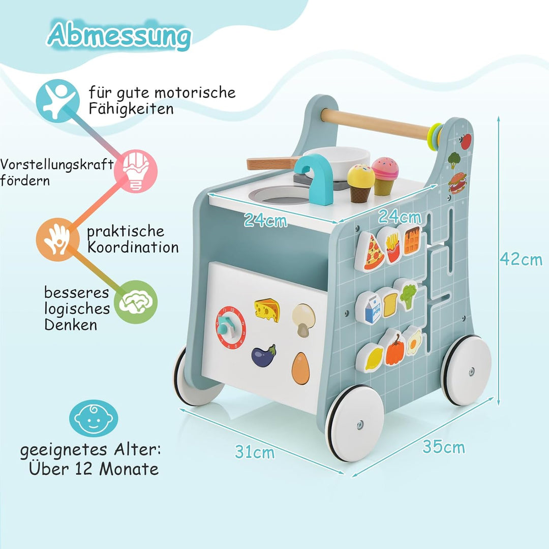 DREAMADE Lauflernwagen Holz, 6-in-1 hölzerne Lauflernhilfe, Baby Walker mit Blöcken & 9 Teilen Zubeh