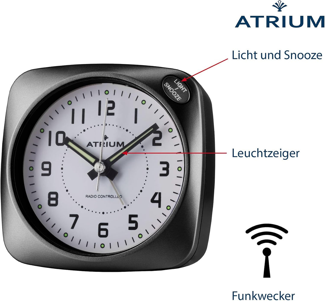 Atrium Funkwecker Analog Quarz ohne Ticken grosse Zahlen sehr deutlich mit Licht und Snooze schwarz
