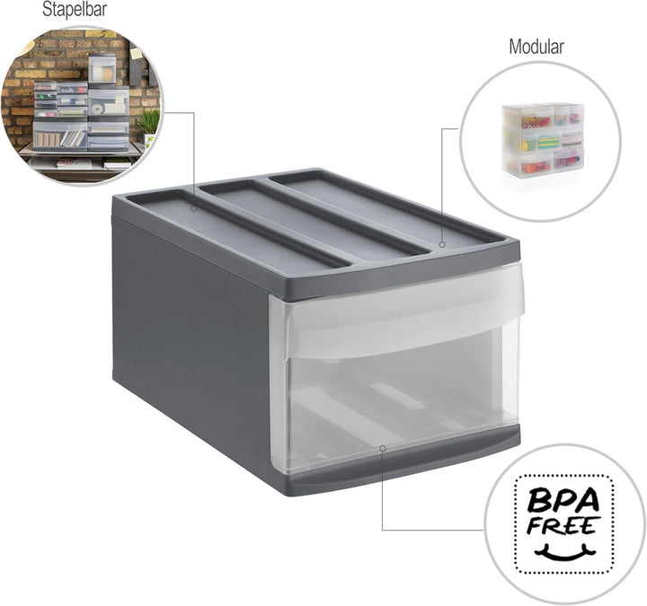 Rotho Systemix Schubladenbox 1 Schub, Kunststoff (PP) BPA-frei, anthrazit/transparent, M (39.5 x 25.