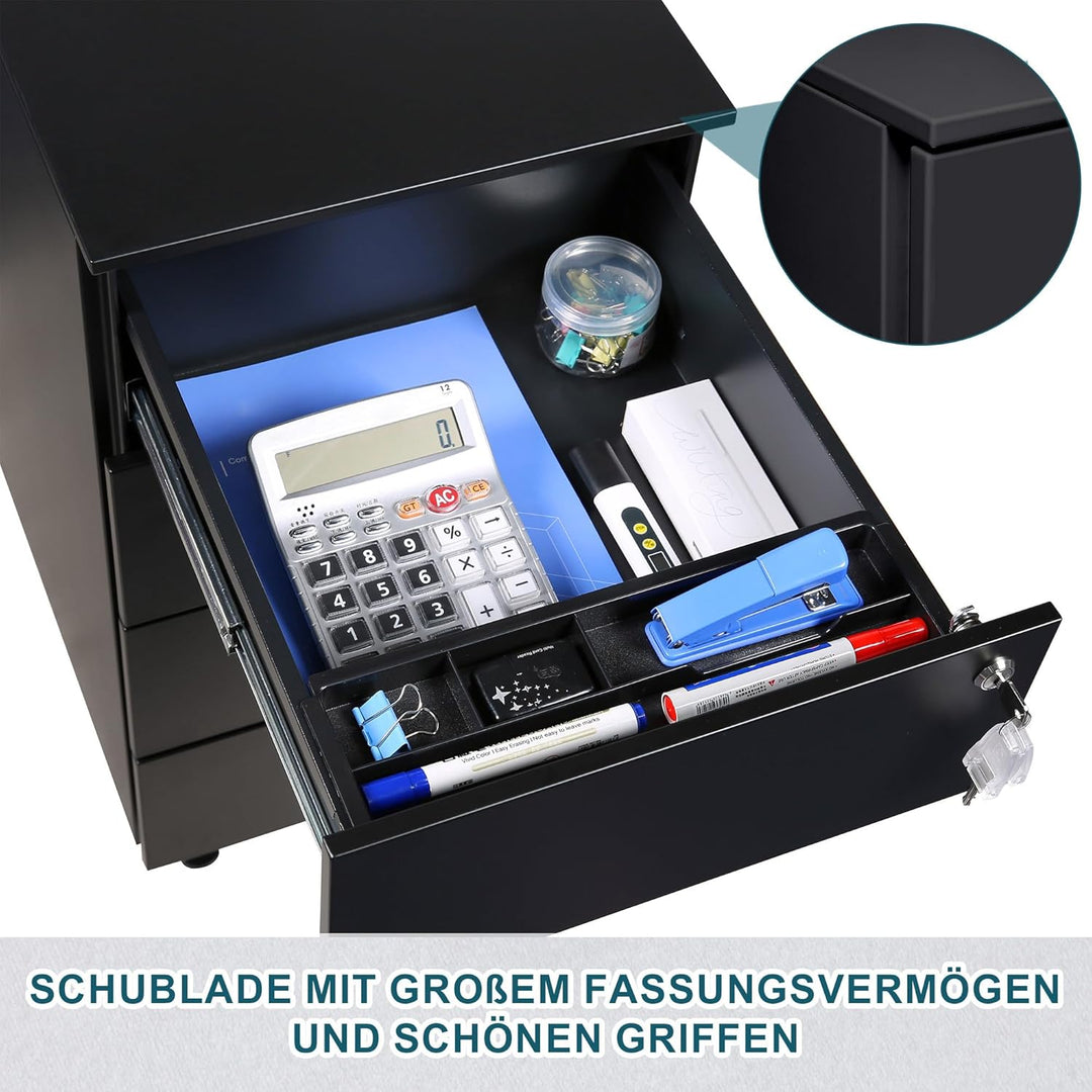 Rollcontainer mit Schubladen, Mobiler Aktenschrank unter Schreibtisch, Abschliessbarer Büroschrank,