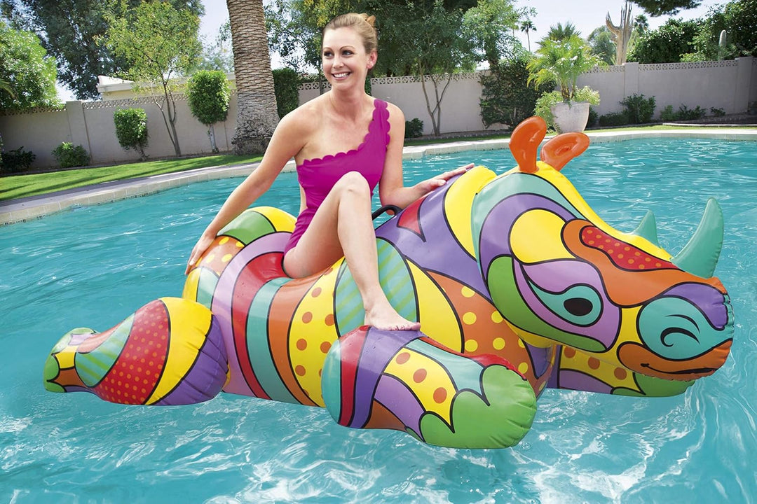 Bestway Inflatable Ride-On Toy with Pop-Art Design Rhino Pool Float, Rhino Pool Float