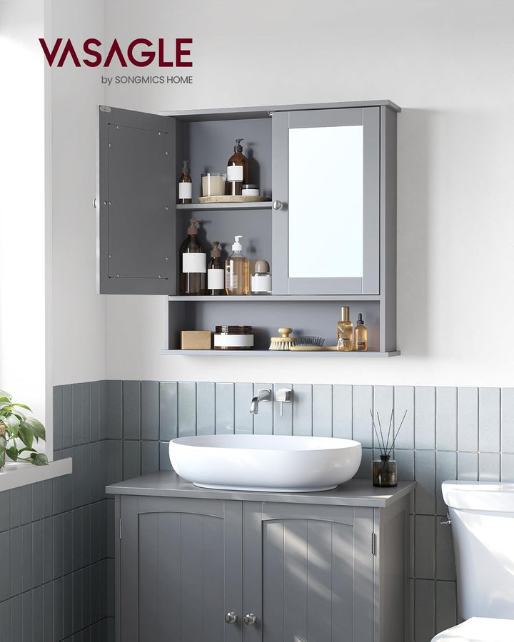 VASAGLE Spiegelschrank, Badschrank, Wandschrank, Hängeschrank mit 2 Spiegeltüren und offenem Fach, v