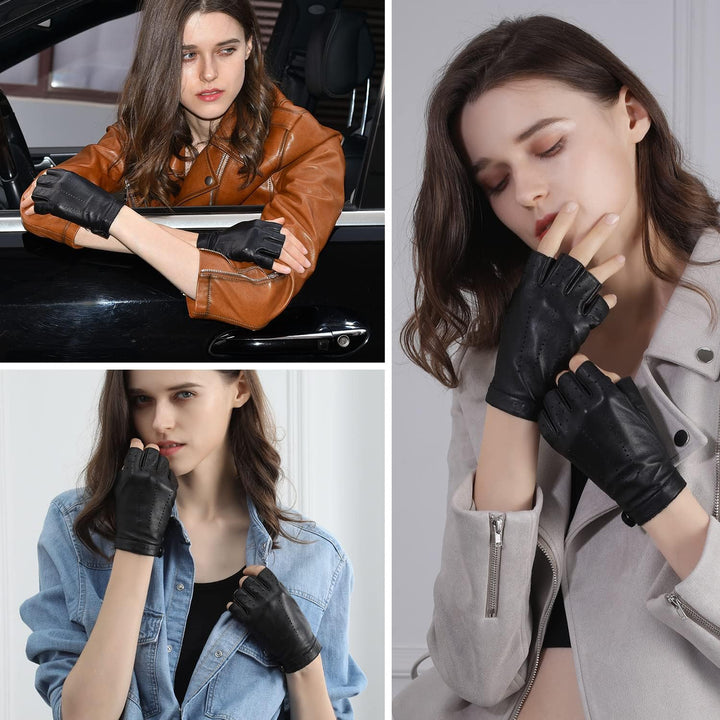 GSG Fingerlose Lederhandschuhe Damen aus echtem Leder Ungefütterte Halbfinger-Fahrhandschuhe aus Sch