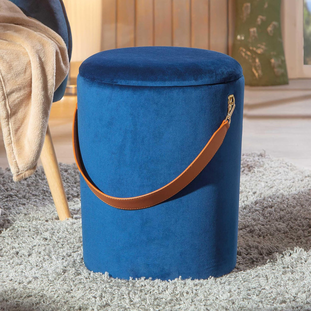 Hocker-Eimer-Behälter aus Samt und Kunstledergriff, blaue Farbe, 35x35x45 cm, Blau