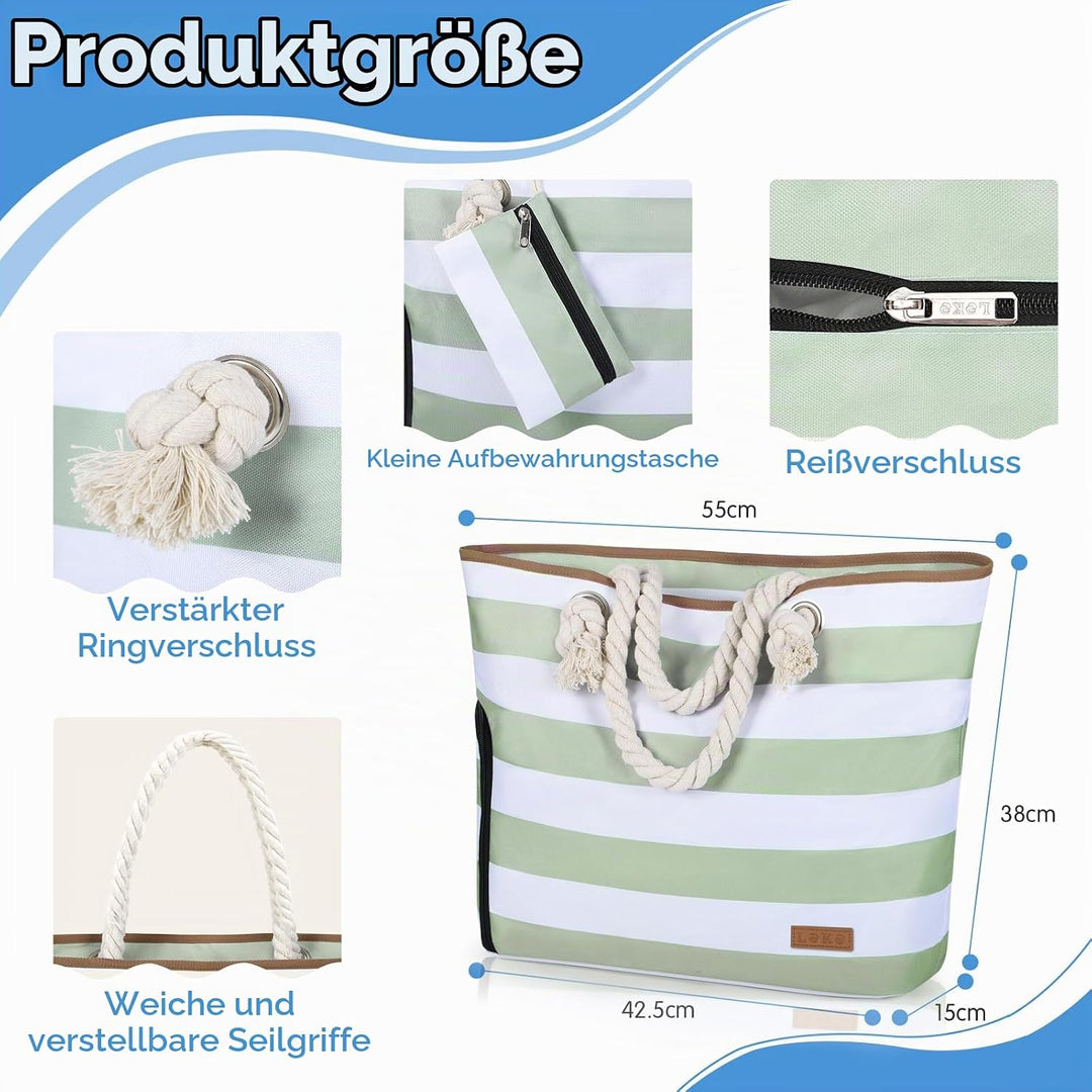 Strandtasche Damen Gross mit Reissverschluss, Vielseitiger Badetasche XXL Familie Saunatasche Reiset