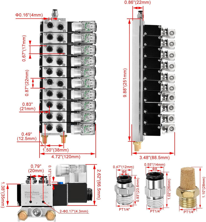 Heschen Magnetventil 10fach, 4V210-08, 24VDC, PT1/4 Zoll, 5 Wege 2 Position, mit Unterschalldämpfer