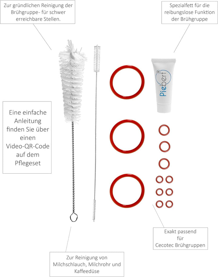 Piebert Care Pflegeset 200602 für Cecotec Cremmaet Compactccino – 3x Dichtungssatz, Spezialfett & Re