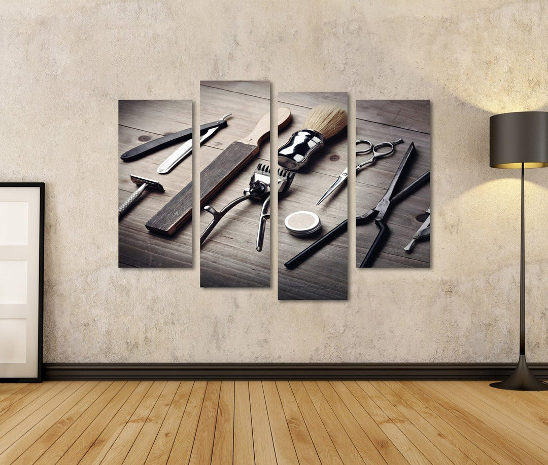 islandburner Bild Bilder auf Leinwand Vintageausrüstung des Friseursalons auf hölzernem Hintergrund