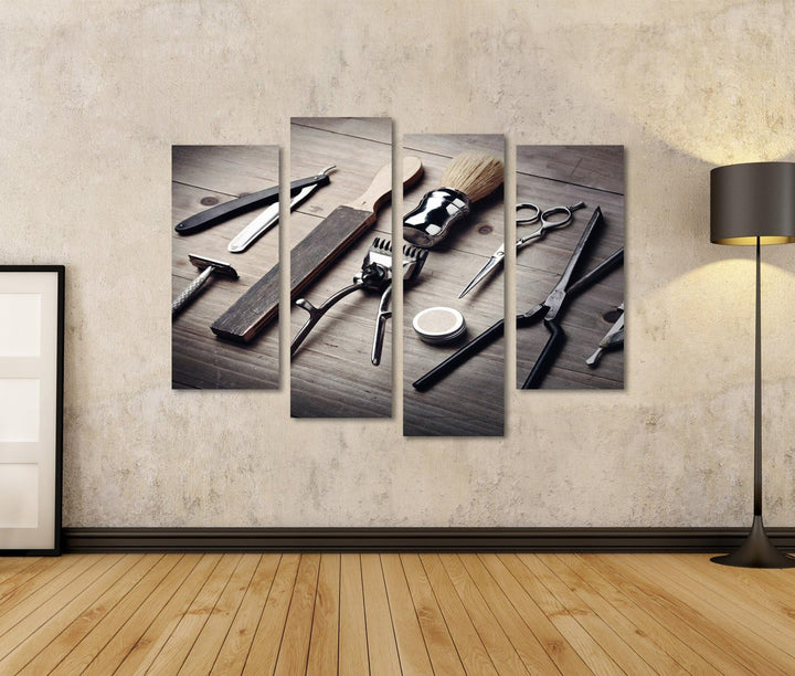 islandburner Bild Bilder auf Leinwand Vintageausrüstung des Friseursalons auf hölzernem Hintergrund