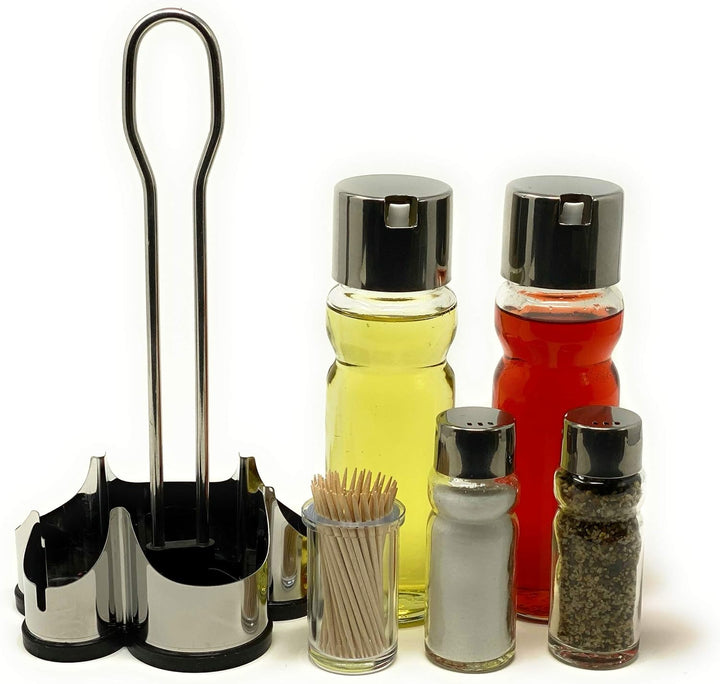 Menage Essig und Öl Spender Glas Salz Pfeffer Zahnstocher Set Edelstahl 250 Silber Glas Ölspender