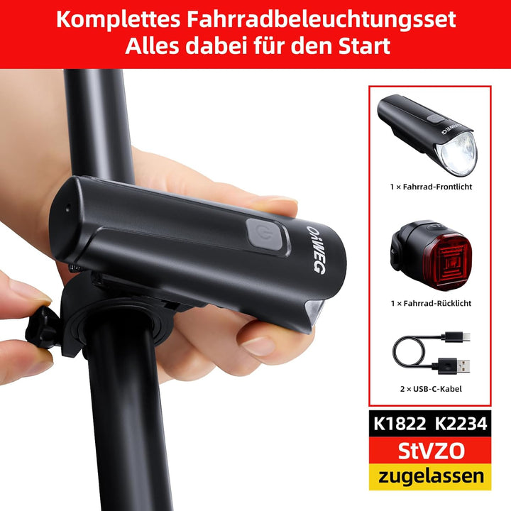 Fahrradlicht Set StVZO-konform, Fahrradbeleuchtung vorne und hinten, USB-C wiederaufladbare IPX4 Spr