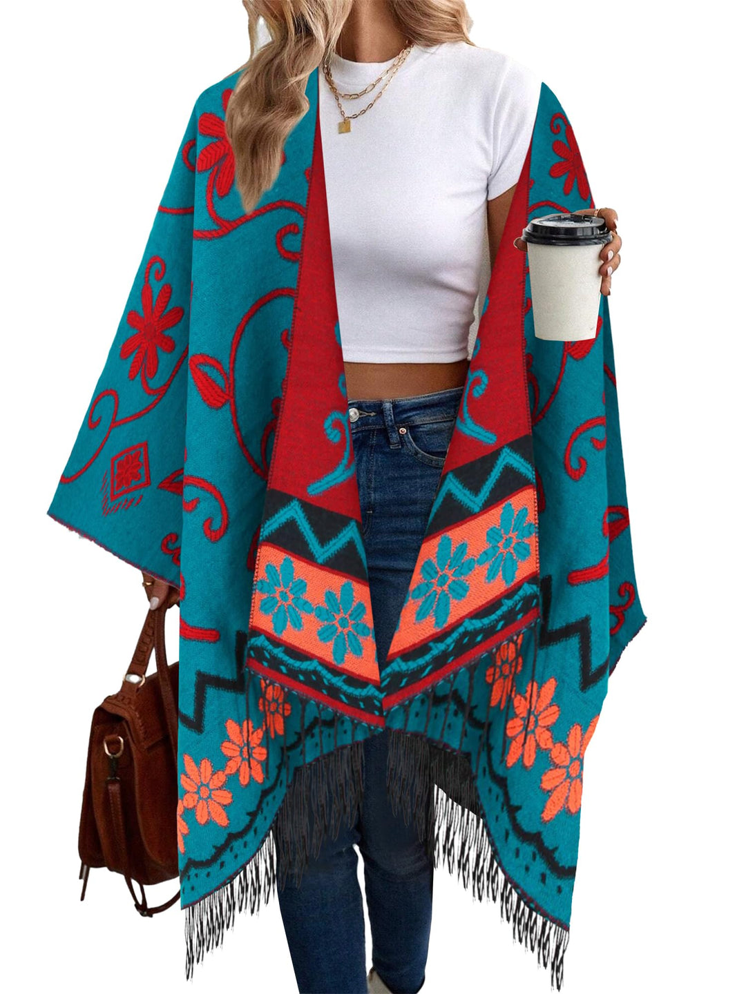 breezy lane Damen Poncho Schal Retro-Stil Bedruckt Umhang Übergrosse Decke Cardigans für Herbst und