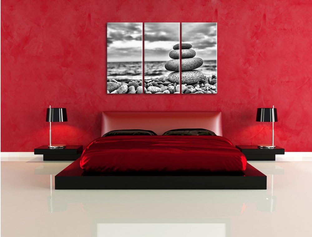 Pixxprint Monocrome, Steinturm am Strand 3-Teiler Leinwandbild 120x80 Bild auf Leinwand