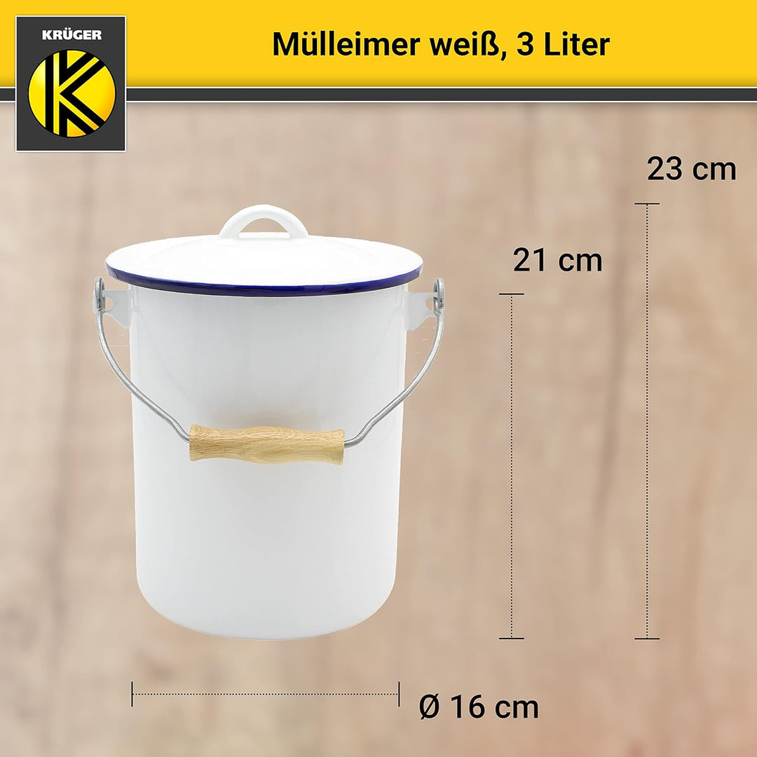 KRÜGER Mülleimer mit Deckel - Stahl Abfalleimer mit Emaille-Beschichtung und Holzgriff - schnitt- un