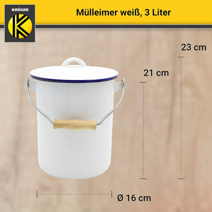 KRÜGER Mülleimer mit Deckel - Stahl Abfalleimer mit Emaille-Beschichtung und Holzgriff - schnitt- un
