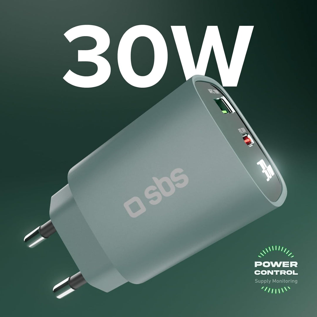 SBS Mehrport-Ladegerät 30W mit LCD, 1 USB-C-Anschluss und 1 USB-A-Anschluss, EU-Stecker, Power Deliv