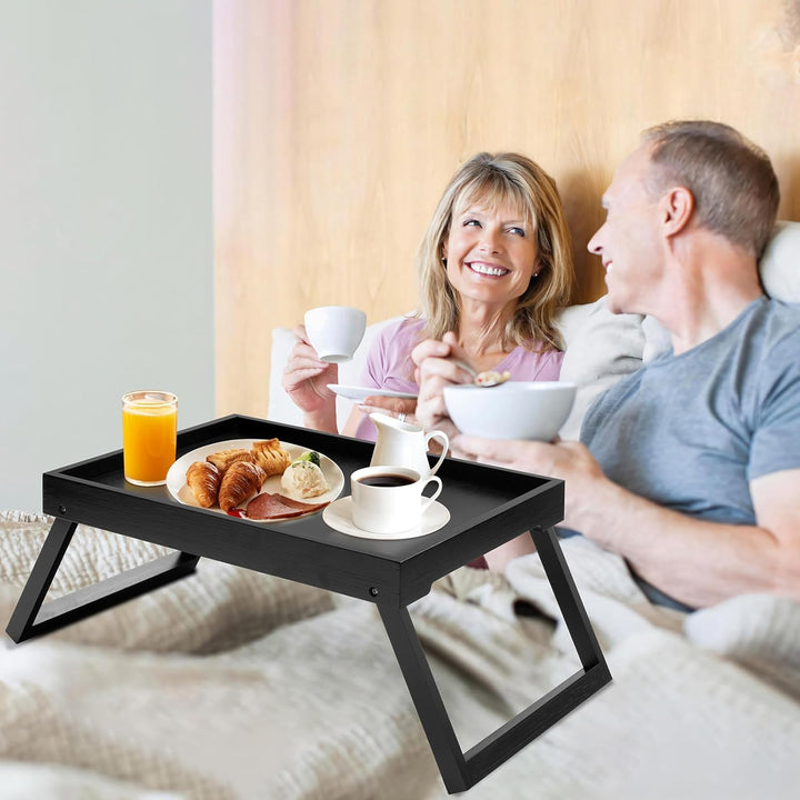 Bambus-Bettlade mit klappbaren Beinen, Frühstückslade (schwarz) | Laptop-Schreibtisch mit Klappbeine