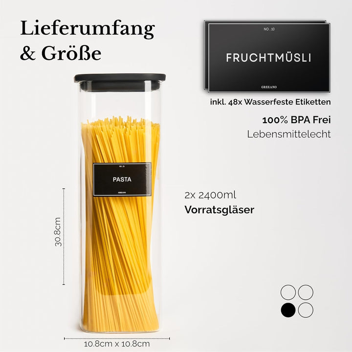 Greeano Vorratsgläser eckig mit Glasdeckel 2400ml [2er Set] – Vorratsdosen Glas luftdicht & mottensi