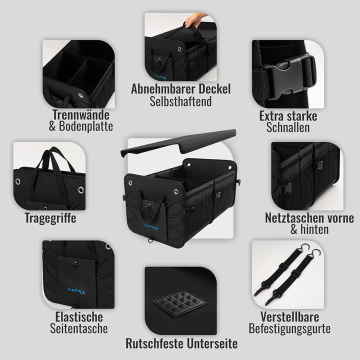 Nafra Home Kofferraumtasche Auto – Aufbewahrungsbox Gross 65L Mit Deckel Und Rutschfester Basis, Fes