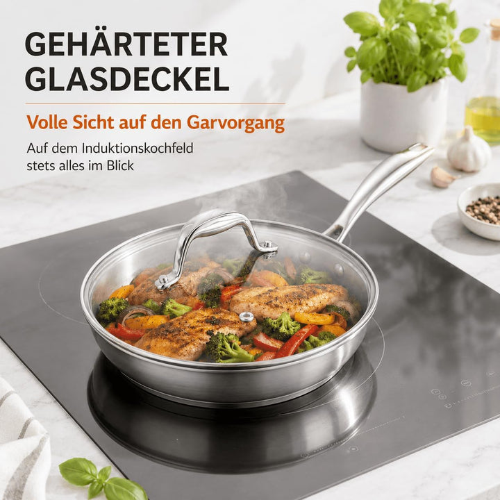 DELARLO Edelstahlpfanne Unbeschichtet 28 cm mit Deckel | 7 mm 3‑lagiger Boden, Induktionsgeeignet, B