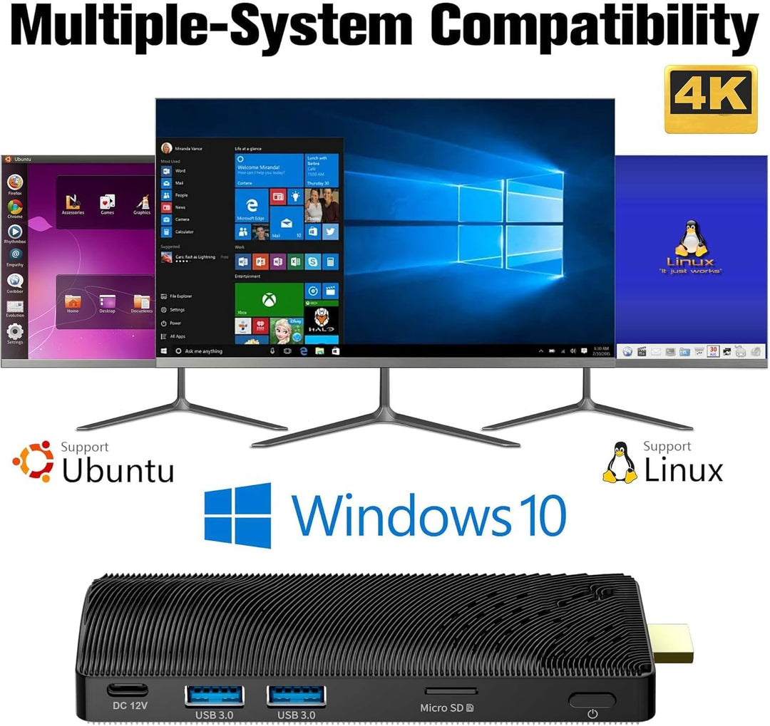 Fanless Mini PC Stick, Intel Celeron J3455 Quad-Core 1.5-2.3GHz, 4GB RAM 64GB eMMC, Dual Gigabit Eth