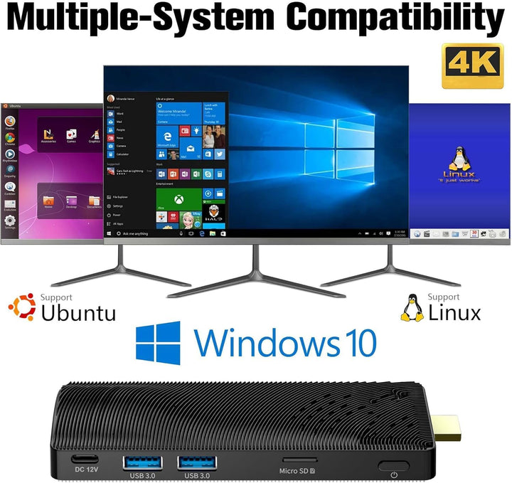 Fanless Mini PC Stick, Intel Celeron J3455 Quad-Core 1.5-2.3GHz, 4GB RAM 64GB eMMC, Dual Gigabit Eth