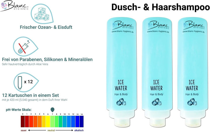 SET: Dusch- und Haarshampoo STARTER- Kit 3x420ml verschied. Düfte mit weisser Wandhalterung HOTELSER