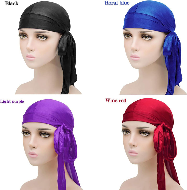 SIKAMARU Durag mit langem Schwanz, Unisex, breite Träger, Piraten-Haarverlust-Turban, Hut für Damen
