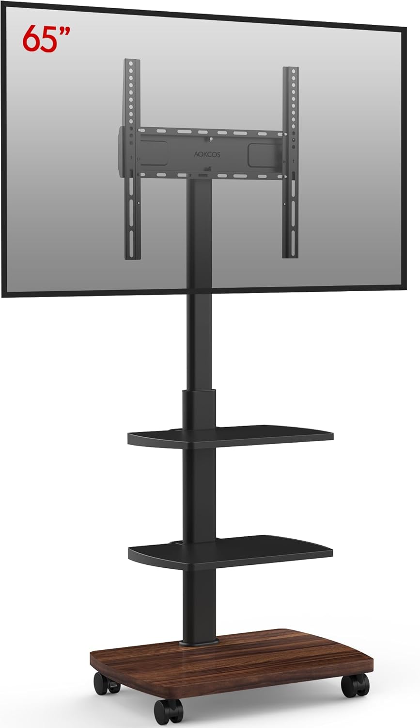 AOKCOS TV Ständer Rollbar mit Holzablage 2 Regal, Fernsehständer auf Rollen für 32-65 Zoll TV, TV Bo