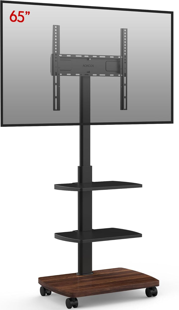 AOKCOS TV Ständer Rollbar mit Holzablage 2 Regal, Fernsehständer auf Rollen für 32-65 Zoll TV, TV Bo