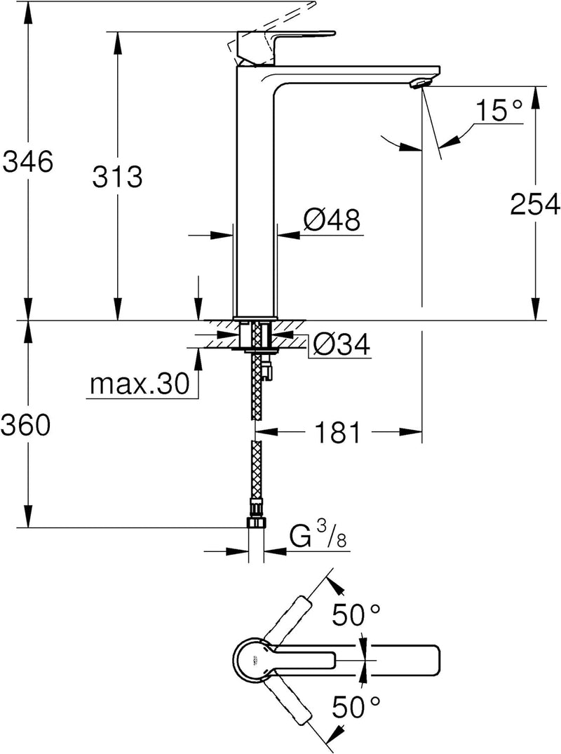 GROHE Lineare , Badarmatur - Waschtischarmatur , XL-Size, glatter Körper, supersteel , 23405DC1 Supe