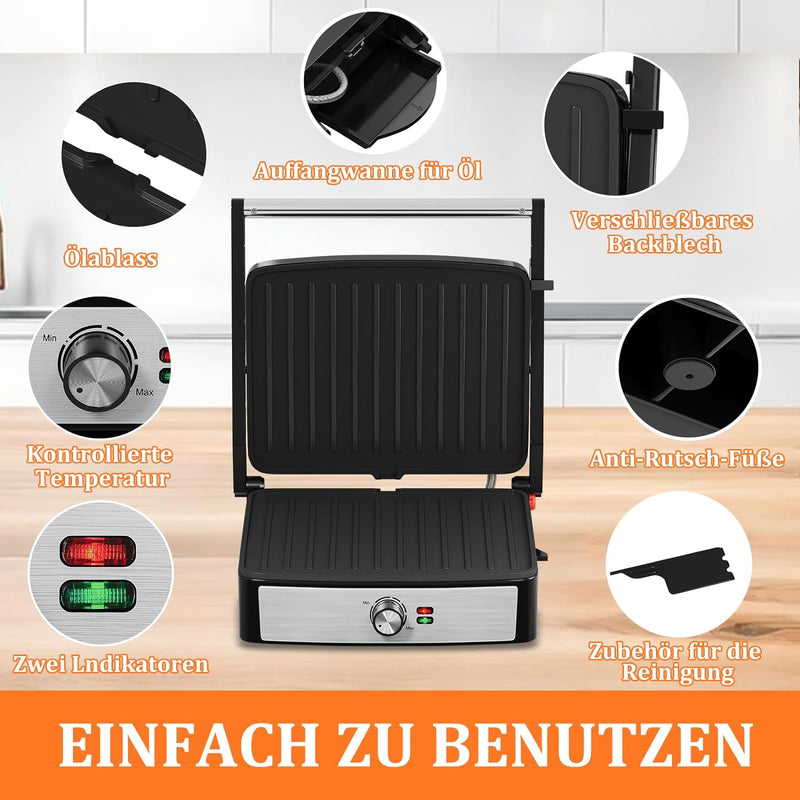 HOMELUX Kontaktgrill, Sandwichmaker und Panini Grill 2200W, Sandwich Maker für Fettfreies Grillen, T