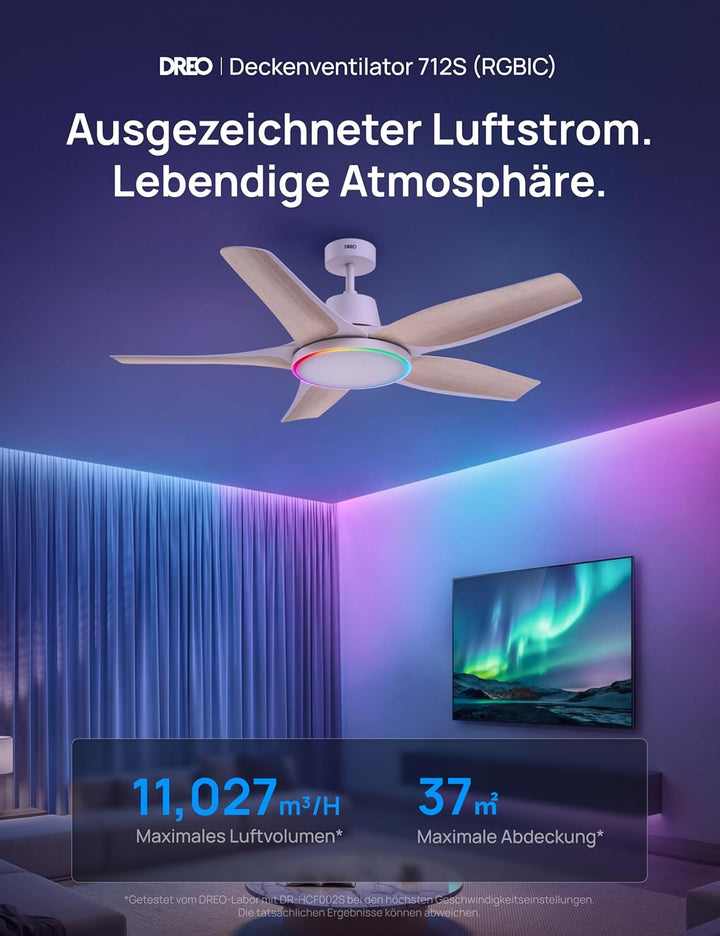 DREO Smarter Low-Profile-Deckenventilator mit Licht, 132 cm, dimmbare LED mit einstellbarer Farbtemp