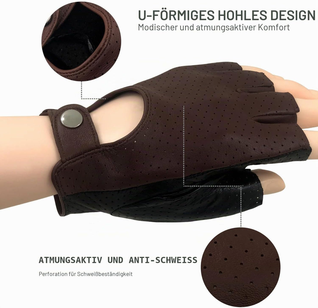 ZLUXURQ Herren-Lederhandschuhe Vollmaschige Fingerlose Halbfinger-Fahrhandschuhe Small-8.5" Schwarz