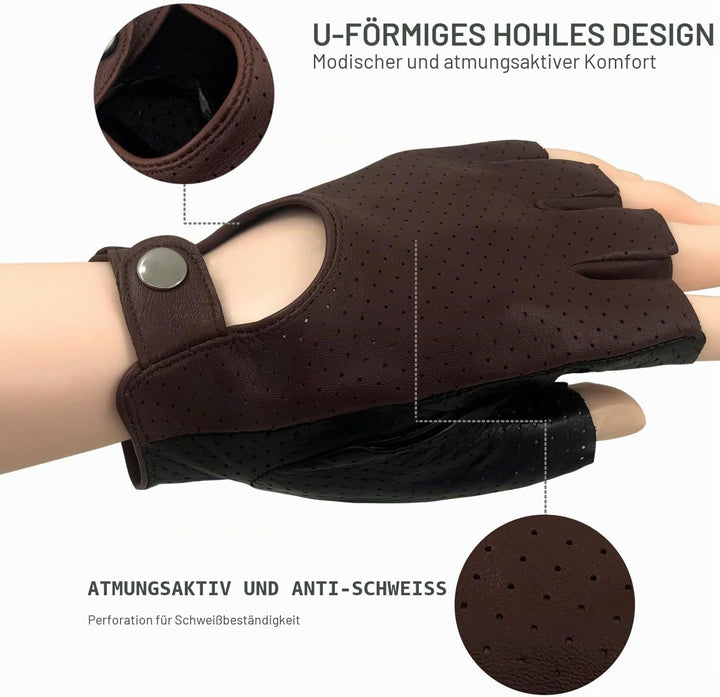 ZLUXURQ Herren-Lederhandschuhe Vollmaschige Fingerlose Halbfinger-Fahrhandschuhe Small-8.5" Schwarz