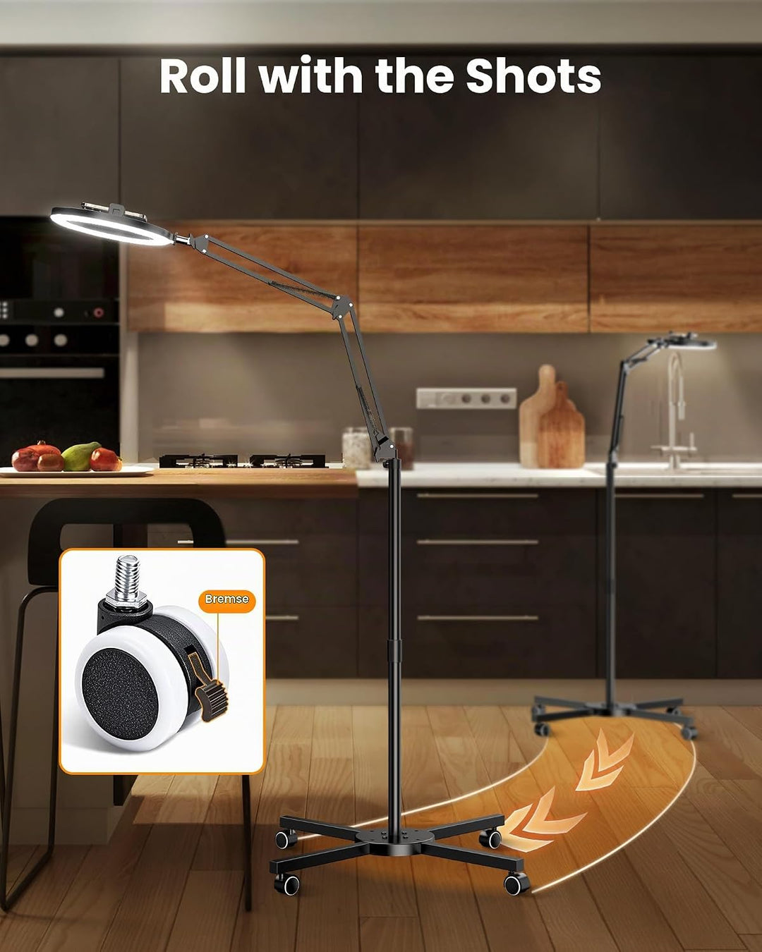 Overhead Stativ Handy mit Ringlicht für Küche – Stabile Ring Light mit 4 Rollen Bremse – Ringlicht m