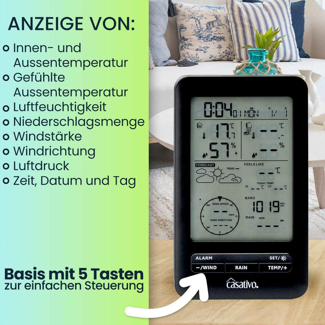 Profi Funk-Wetterstation mit Solar-Aussensensor – Niederschlag, Wind, Hygrometer & Wettervorschau –