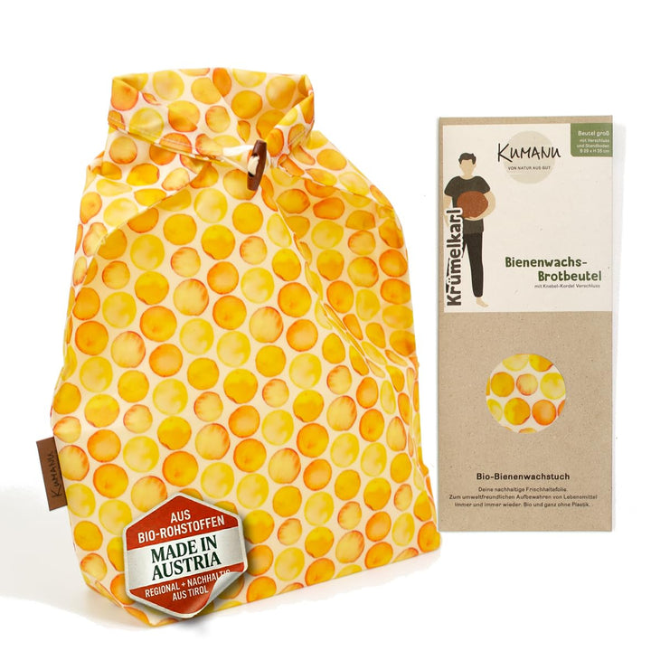 Kumanu | Bio-Bienenwachstuch - Brotbeutel KRÜMELKARL | H 35cm x B 29cm | mit Standboden und Verschlu