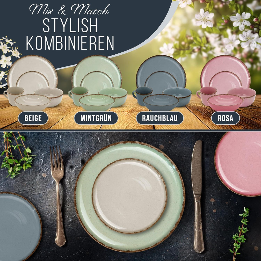 Steingut Suppenteller 6 Pers. Rustic Hochwertiges Landhausstil TEST SEHR GUT Tiefe Teller Set - Krat