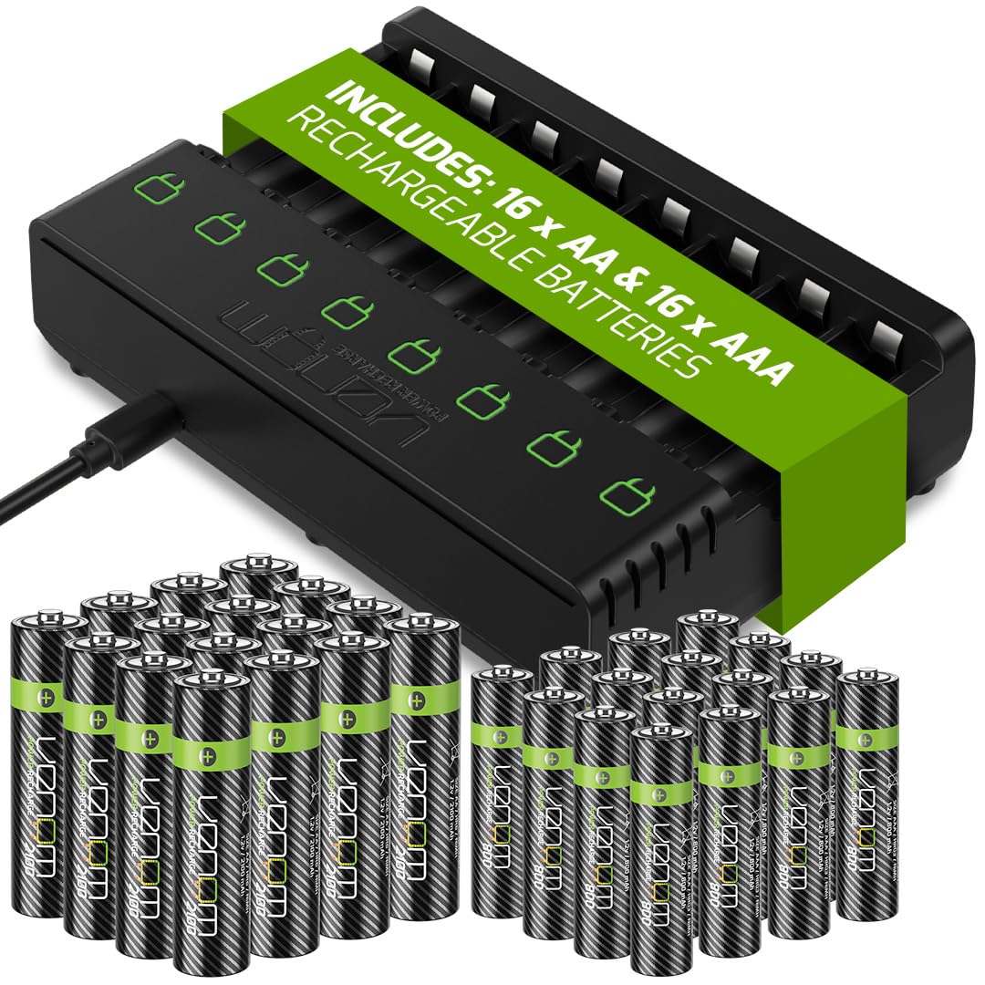 Venom Wiederaufladbare Batterien mit Ladestation – inklusive 16 x AA (1200 mAh) und 16 x AAA (800 mA