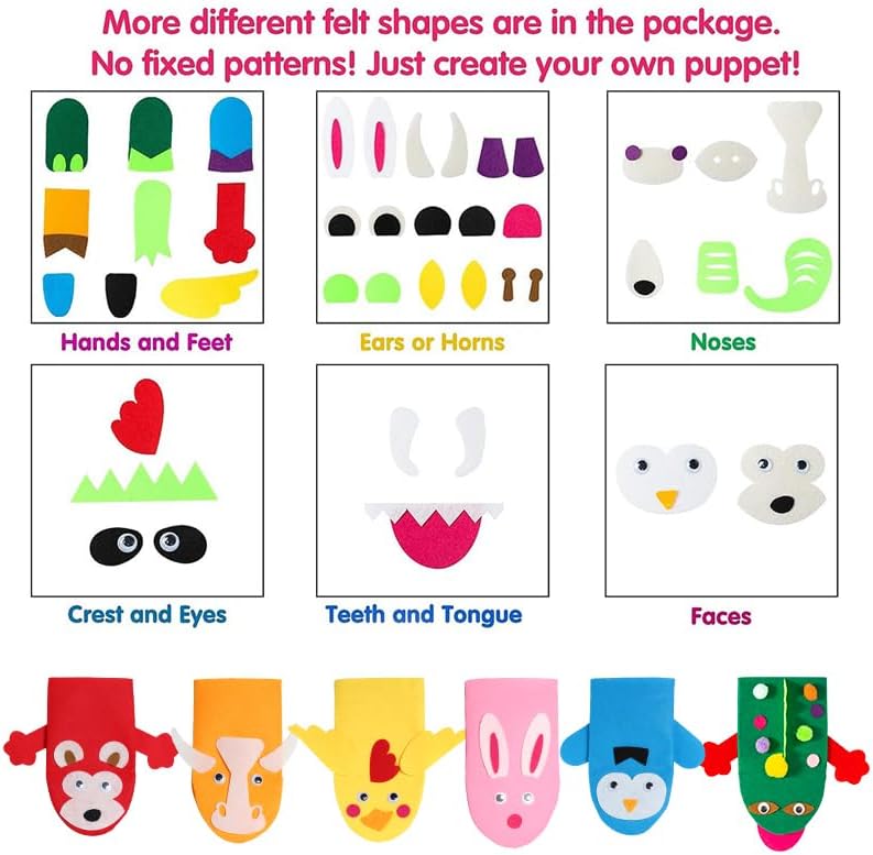 WATINC 6Pcs Felt Handpuppe DIY Art Craft Set für Moderne Kinder Filz Spielpuppe Socke Pompoms Bastel